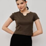 Women Ribbed Scoop Neck Top - Coffee Brown