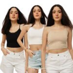 Women Crop Camisole with Lace- Pack of 2 - Black /Off White/Skin