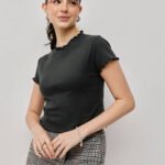 Women Ribbed Lettuce Hem Top - Graphite