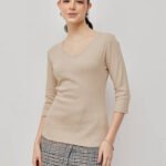 Women 100% Cotton Ribbed V Neck T.Shirt - light pearl