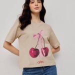 Women 100% Cotton Boy Friend Relaxed Fit  Printed Crop Length Tshirt - light pearl