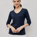 Women 100% Cotton Ribbed V Neck T.Shirt - Navy