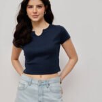 Women Ribbed Scoop Neck Top - Navy
