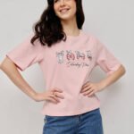 Women 100% Cotton Boy Friend Relaxed Fit  Printed Crop Length Tshirt - Pink