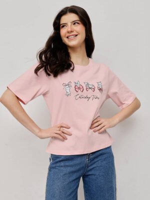 Women 100% Cotton Boy Friend Relaxed Fit  Printed Crop Length Tshirt