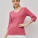 Women 100% Cotton Ribbed V Neck T.Shirt - Pale Rouge