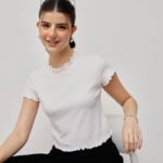 Women Ribbed Lettuce Hem Top - White