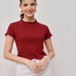 Women Ribbed Lettuce Hem Top - Wine Red