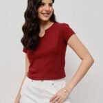 Women Ribbed Scoop Neck Top - Wine Red