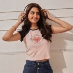 Women’s Printed Crop Top with Raglan Sleeves - Pink