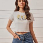 Women’s 100% Cotton Ribbed Printed Crop Top - Off White