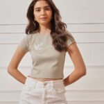 Women’s 100% Cotton Ribbed Printed Crop Top - Light pearl