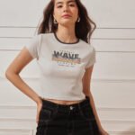 Women’s 100% Cotton Ribbed Printed Crop Top - Off White