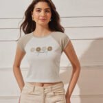 Women’s Printed Crop Top with Raglan Sleeve - Off White