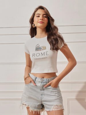 Women’s 100% Cotton Ribbed Printed Crop Top