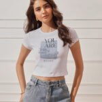 Women’s 100% Cotton Ribbed Printed Crop Top - White