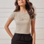 Women’s 100% Cotton Ribbed Printed Crop Top - Light pearl