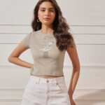 Women’s 100% Cotton Ribbed Printed Crop Top - Light pearl