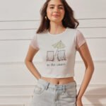 Women 100% Cotton Raglan Sleeve Printed Crop Top - Off White